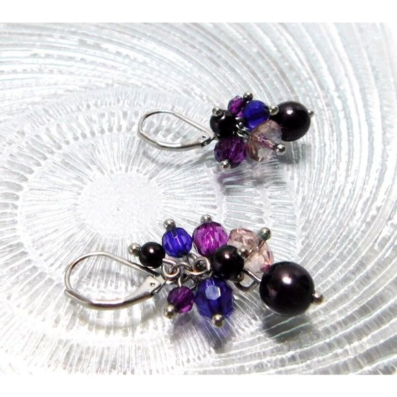 Dangle Cluster Beaded Earrings Purple Black Beads Lever Back Closure - Picture 6 of 6